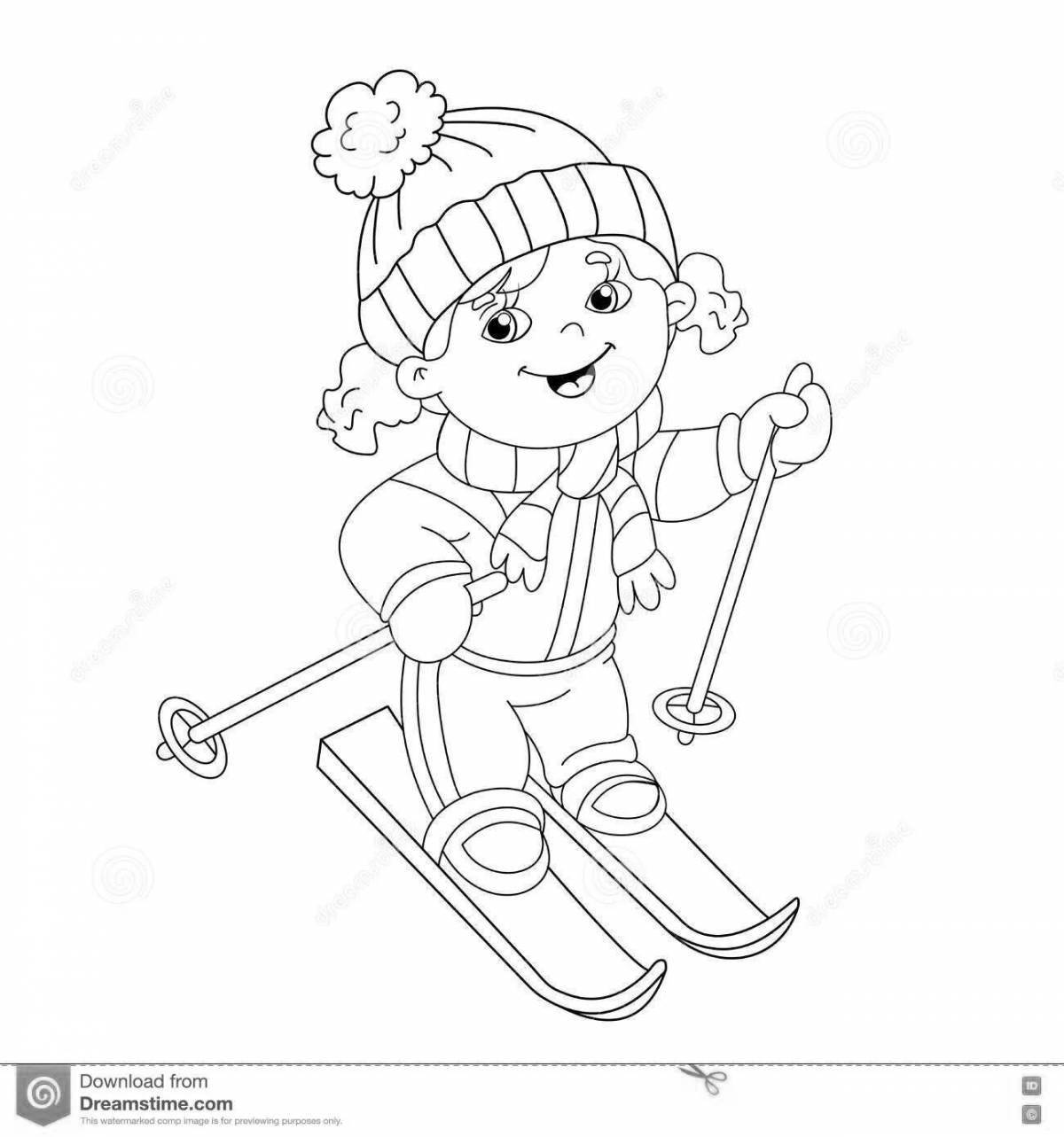 Coloring page cheerful senior skier