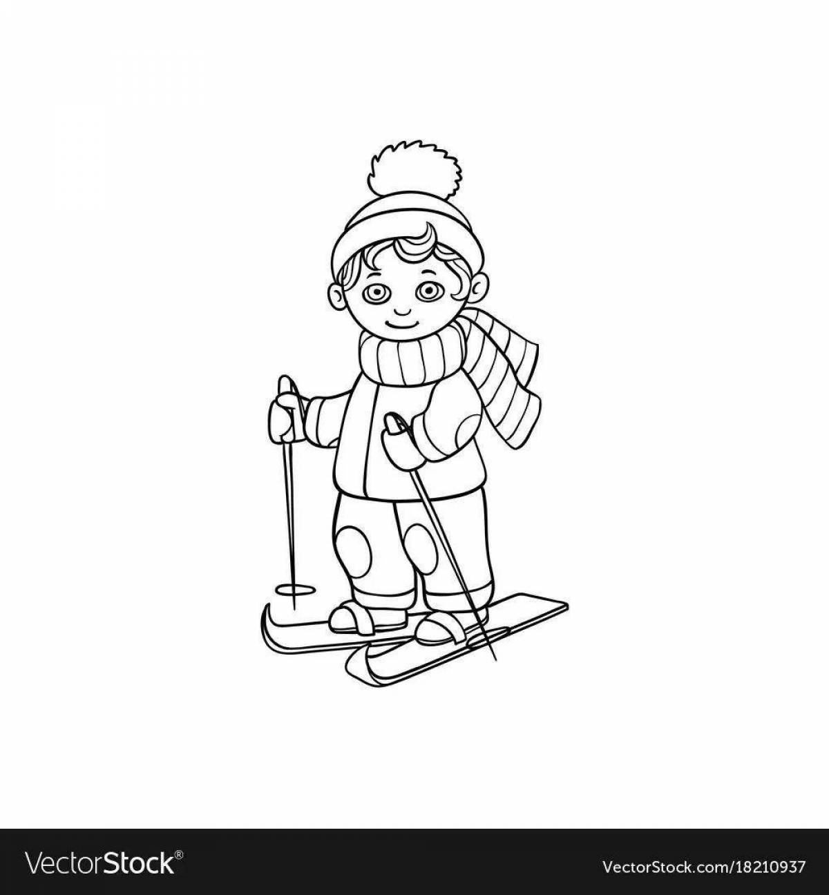 Раскраска игривый старший лыжник