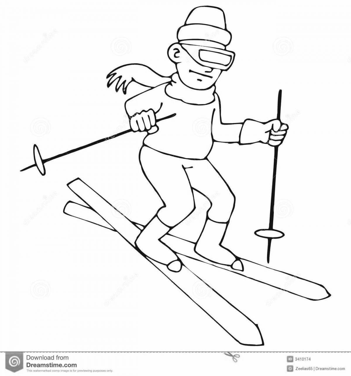 Раскраска забавный старший лыжник