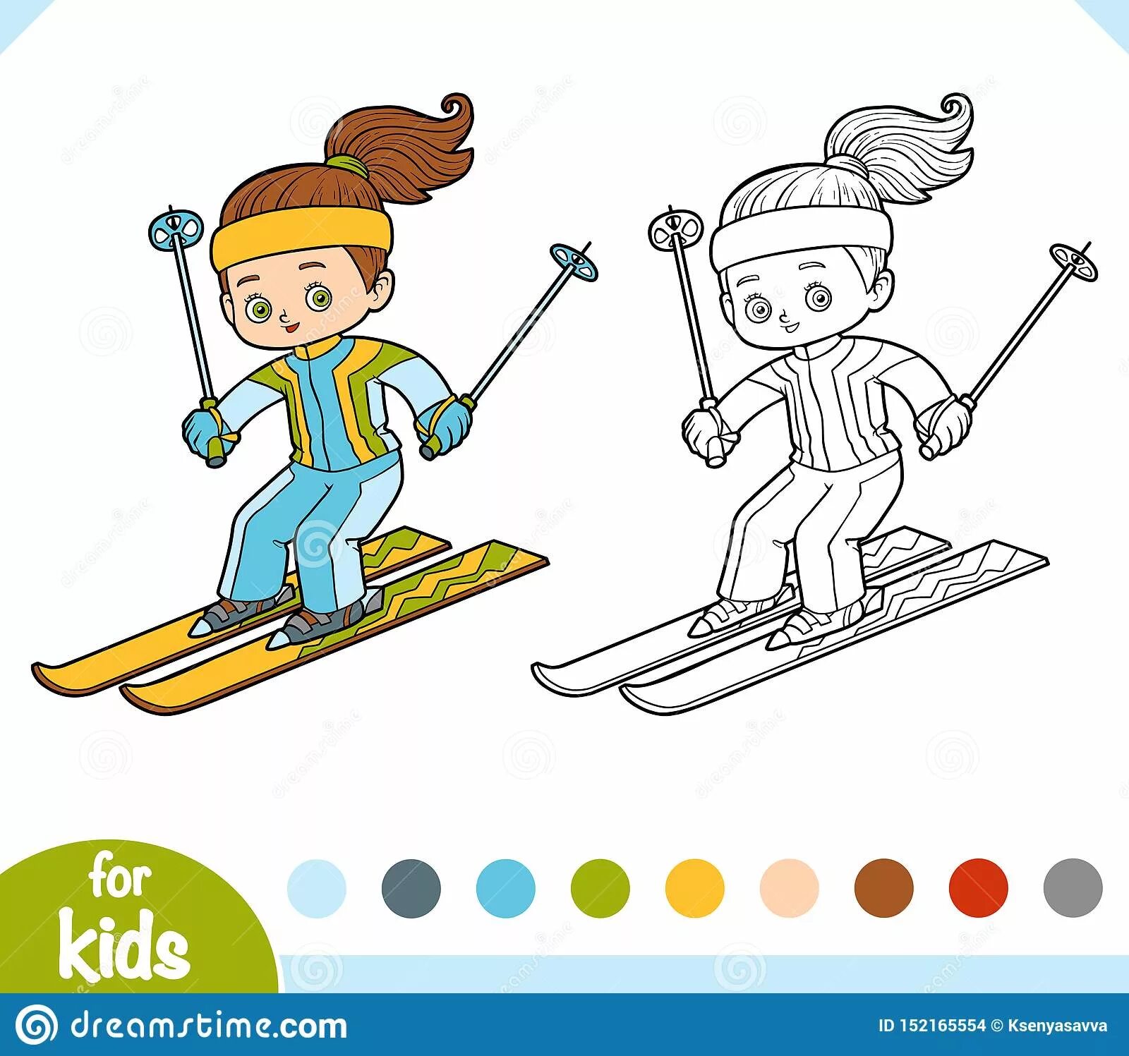Развлекательная страница раскраски старшего лыжника