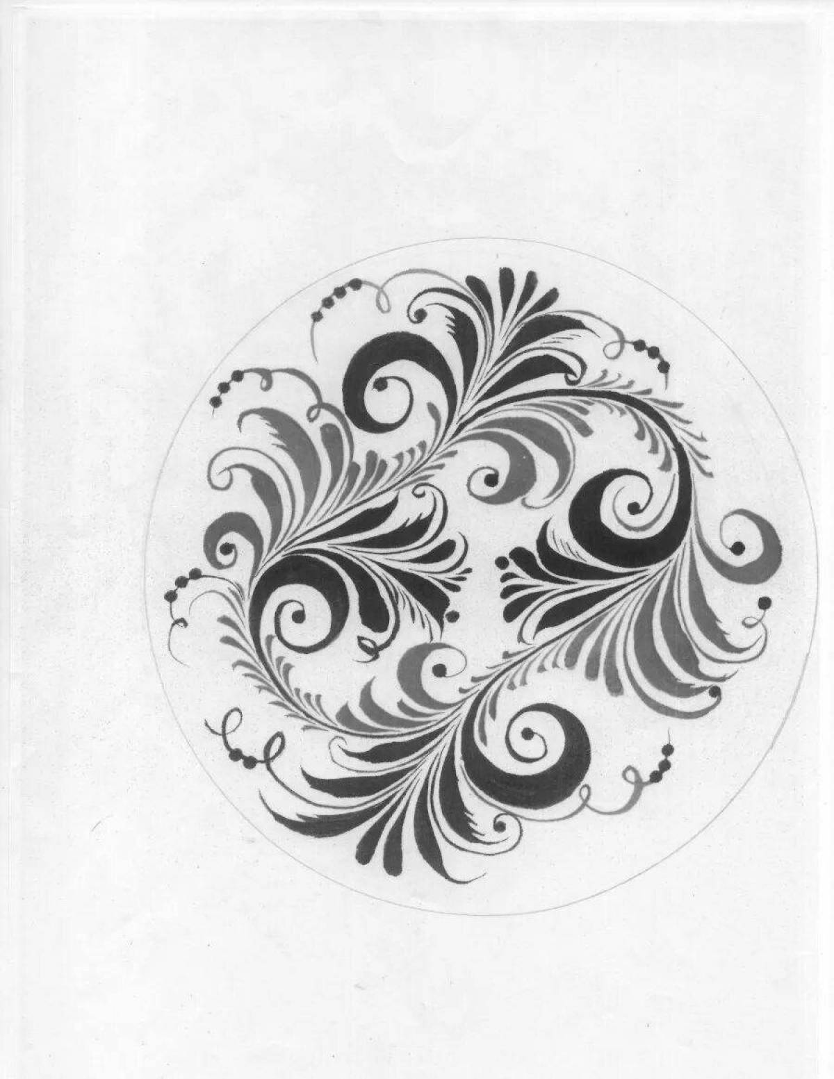 Delightful coloring Khokhloma pattern in a circle