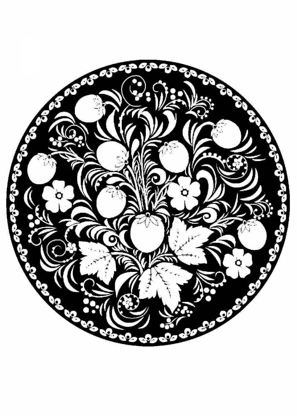Fascinating coloring Khokhloma pattern in a circle