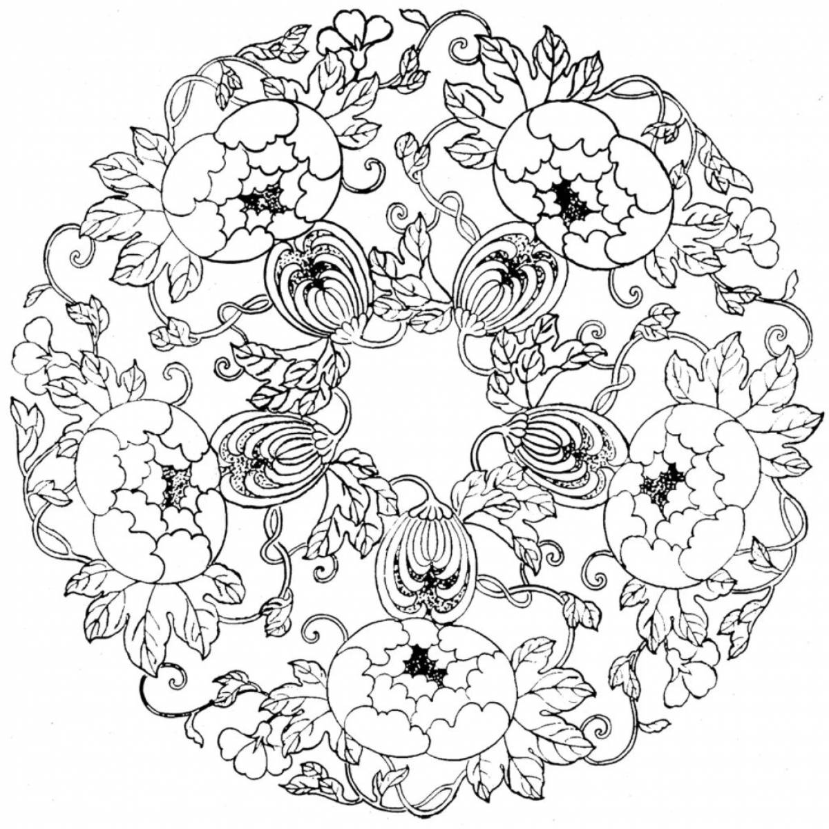 Detailed coloring Khokhloma pattern in a circle