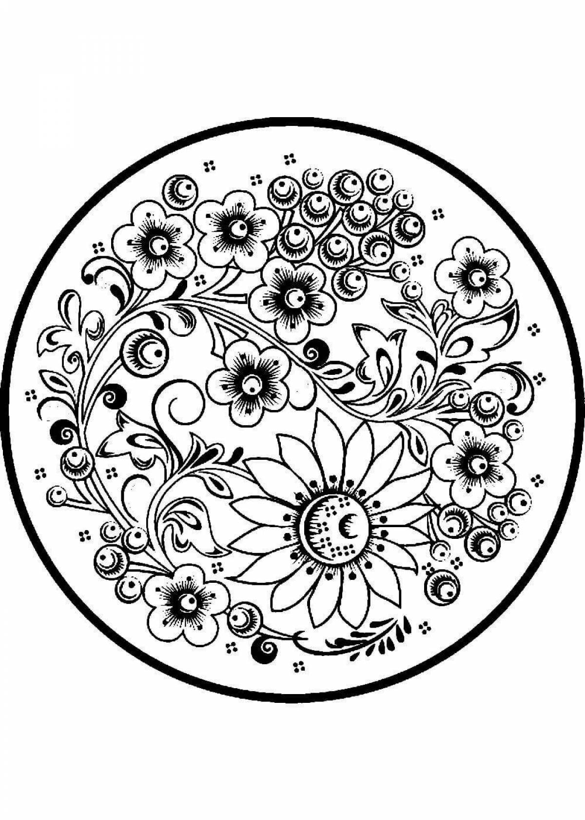 Wonderful coloring Khokhloma pattern in a circle