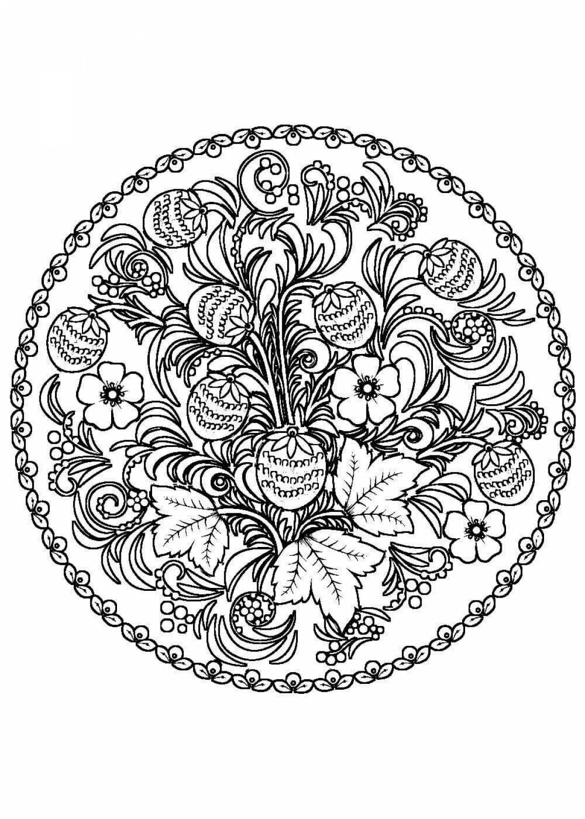 Spectacular coloring Khokhloma pattern in a circle