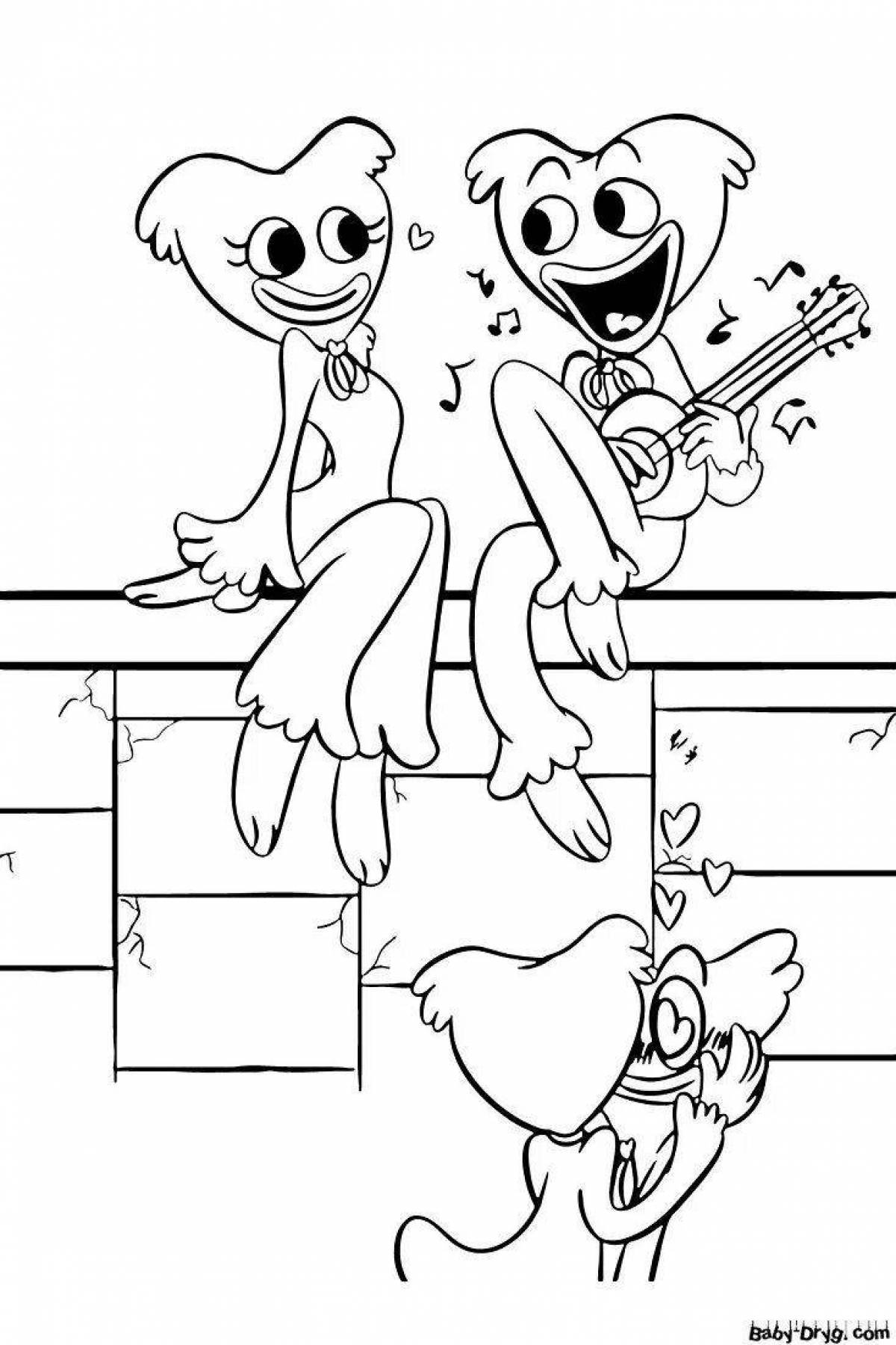 Huggy waggi and kisi misi playful coloring page