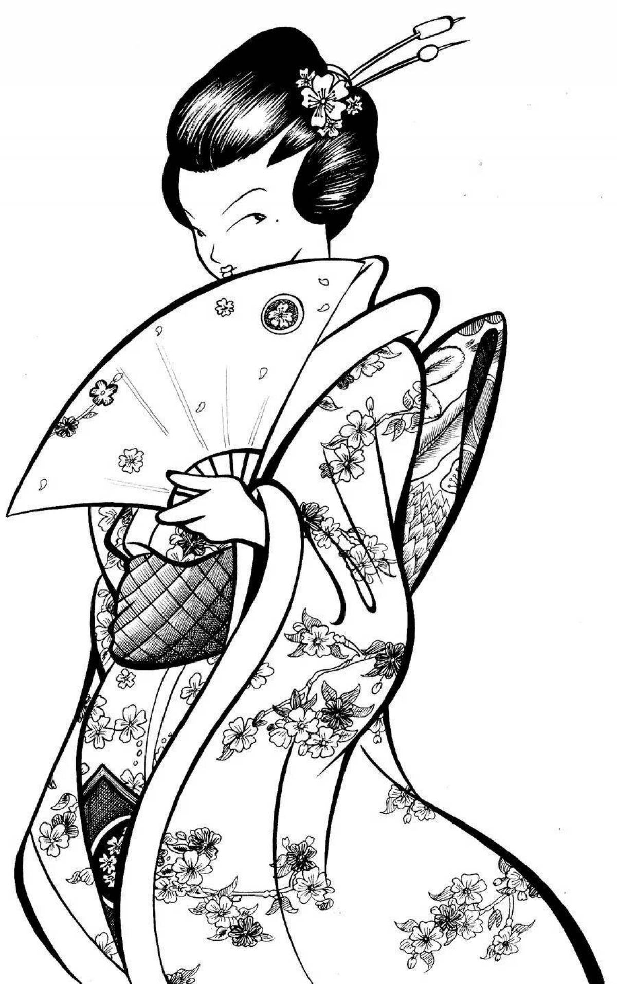 Великолепная раскраска японка в кимоно 4-й класс