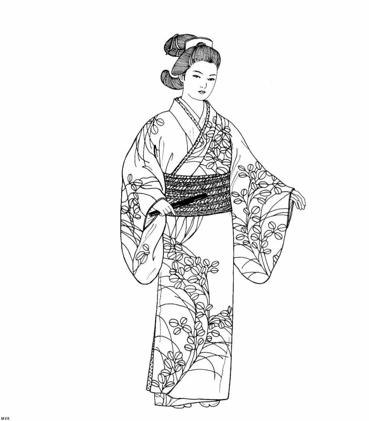 Изысканная раскраска японка в кимоно 4 класс