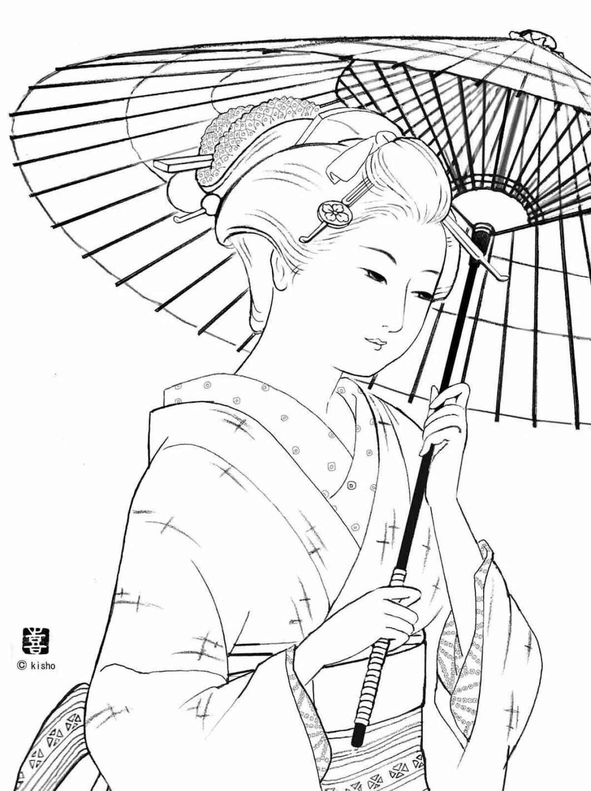 Delicate coloring Japanese woman in kimono 4th grade