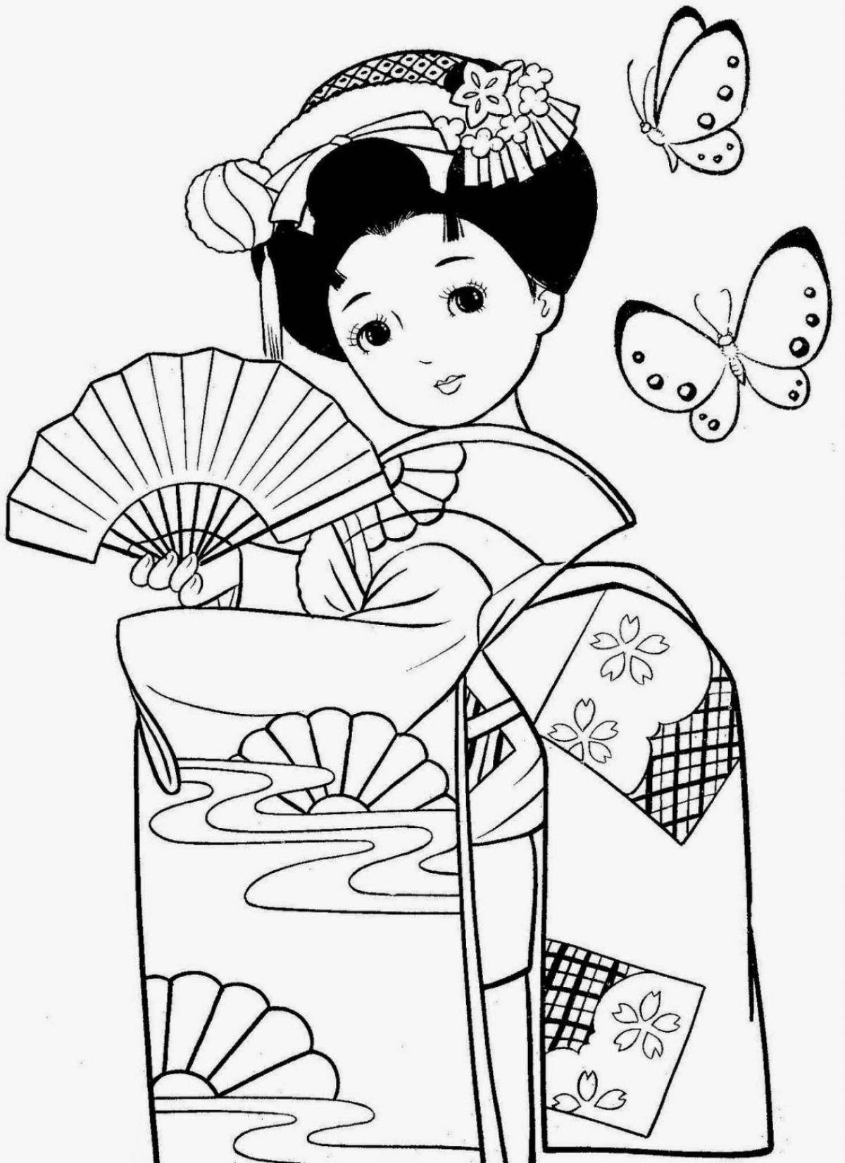 Beautiful coloring Japanese woman in kimono grade 4