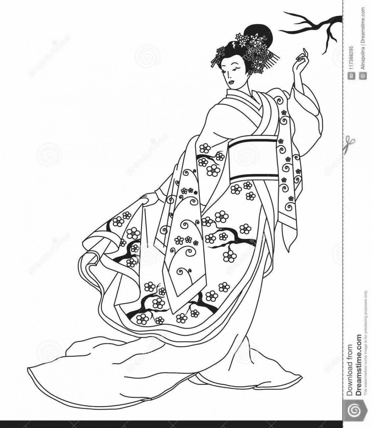 Serene coloring page Japanese girl in kimono 4th grade