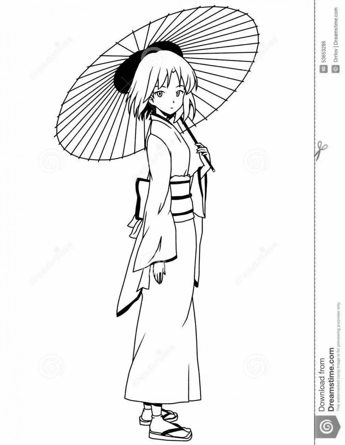 Illustrative coloring of a Japanese woman in a kimono grade 4