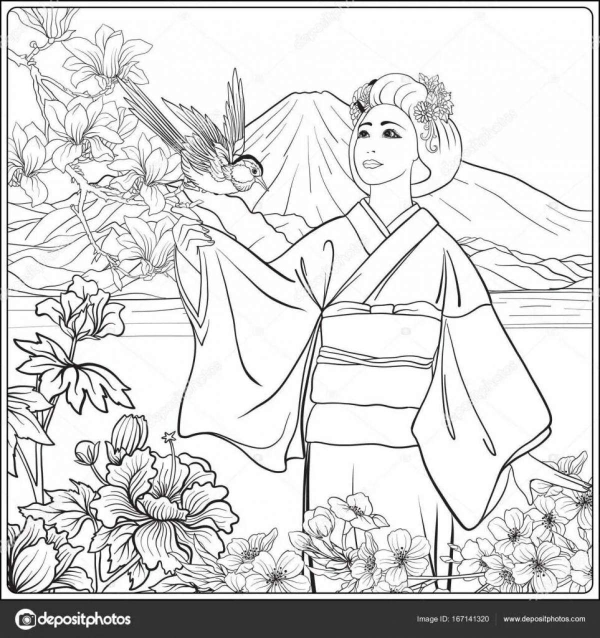 Причудливая раскраска японка в кимоно 4 класс
