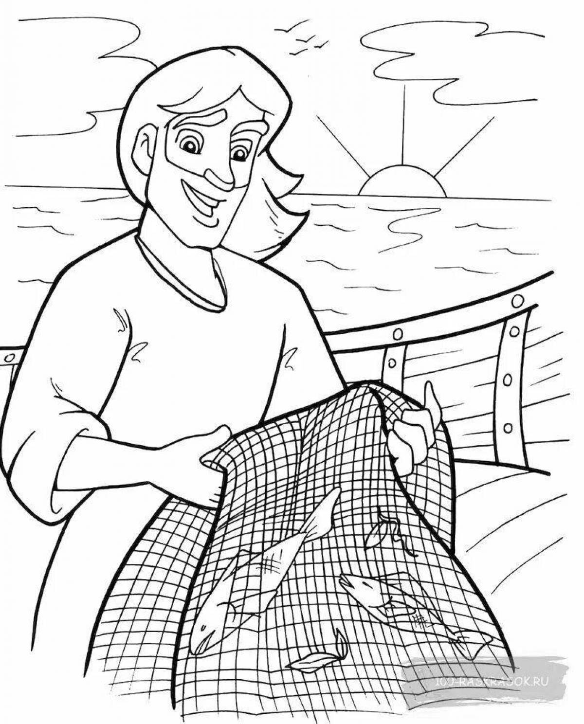Elegant coloring book based on the tale of the fisherman and the fish drawing