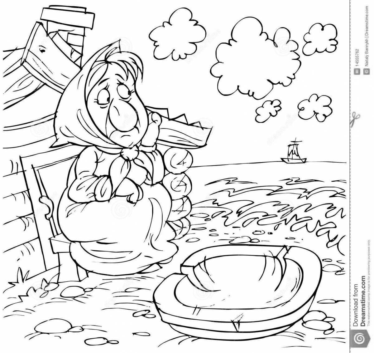 Joyful coloring book based on the tale of the fisherman and the fish drawing