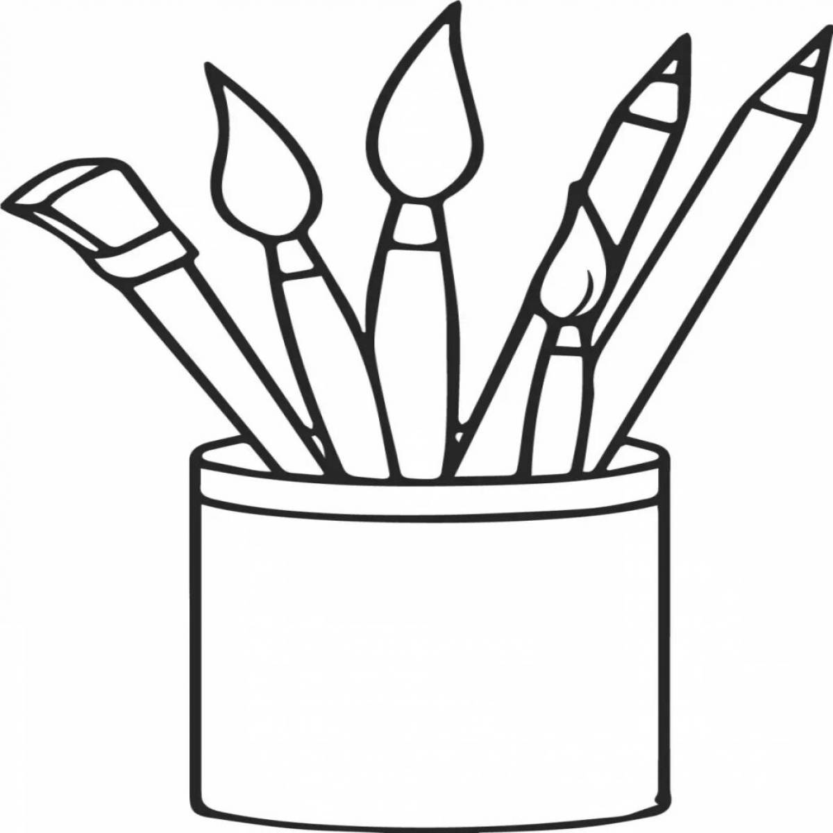 Color illustrated coloring page of paints and brushes