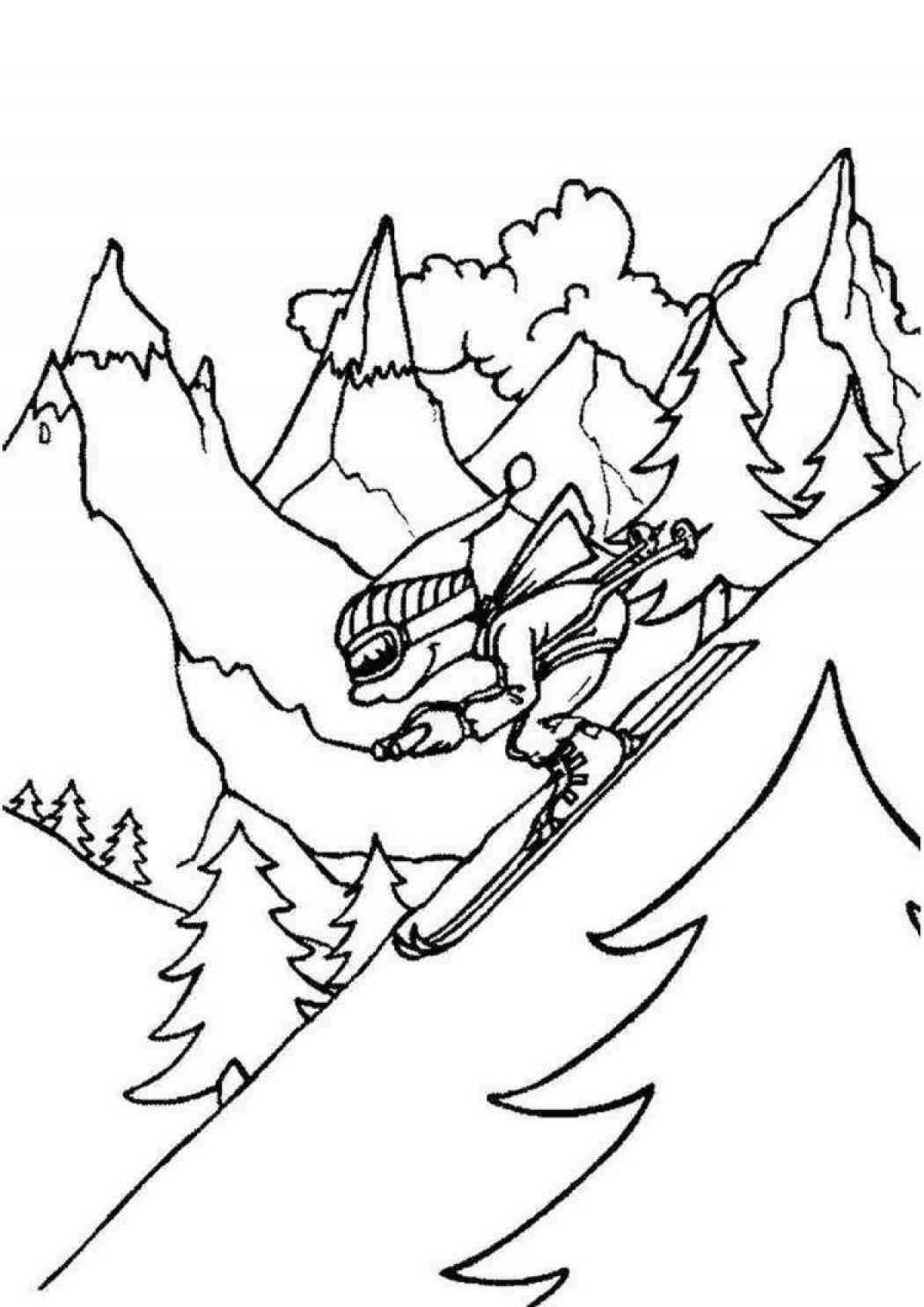 Coloring book energetic skier