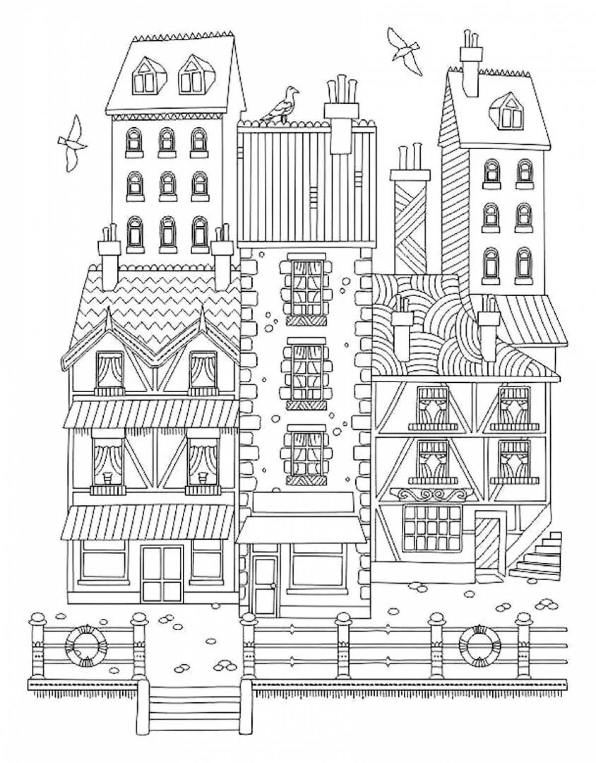Coloring book charming anti-stress houses