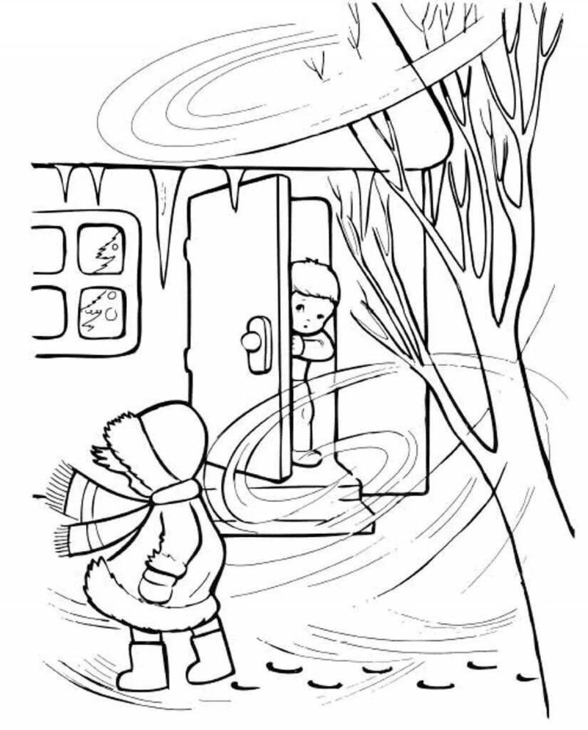 Playful winter safety coloring page