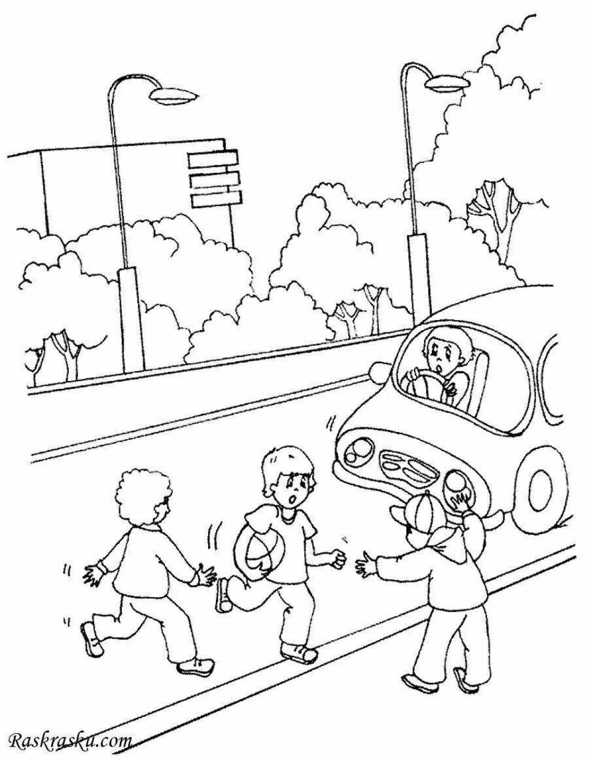 Joyful watch out for the car coloring page