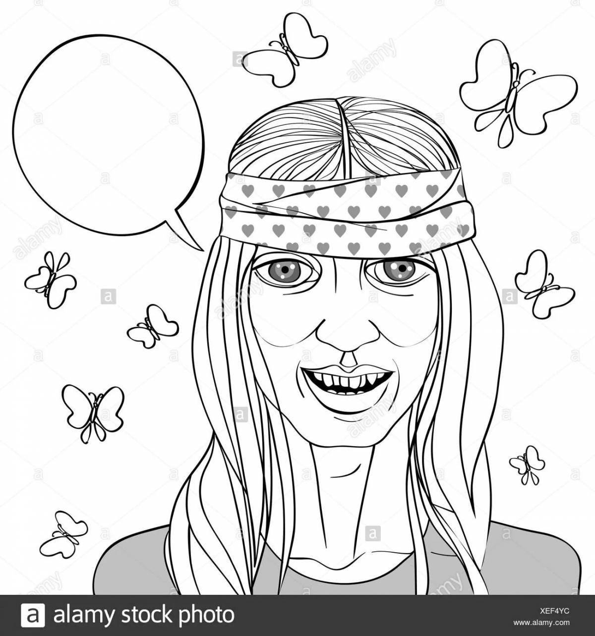 Happy hippie coloring page