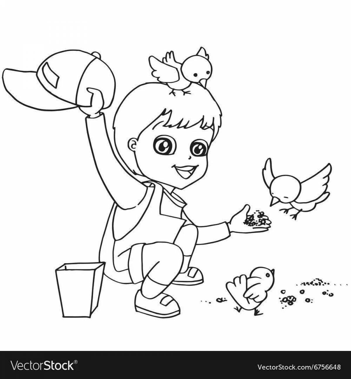 Девочка кормит птиц раскраска