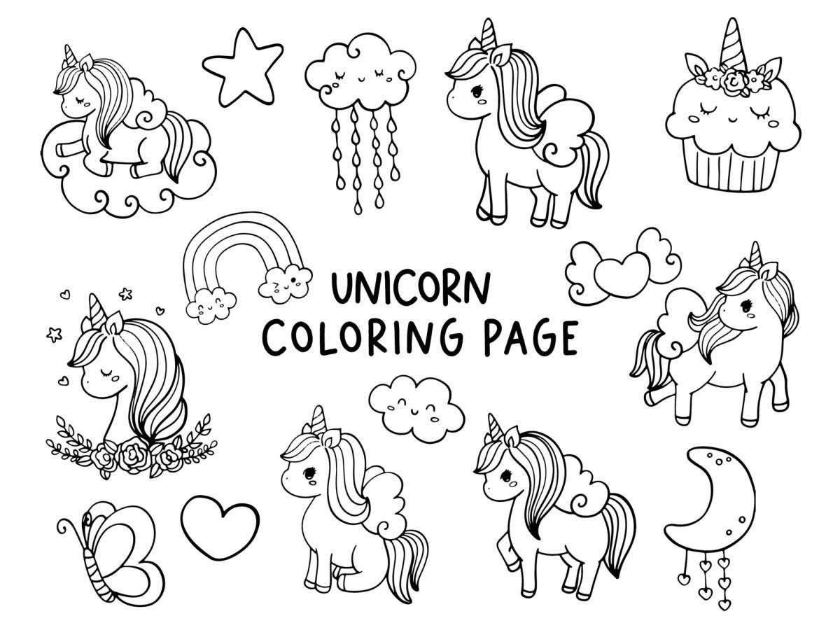 Colorful coloring book with lots of unicorns