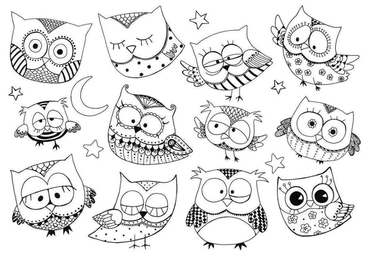 Colouring bright anti-stress owls