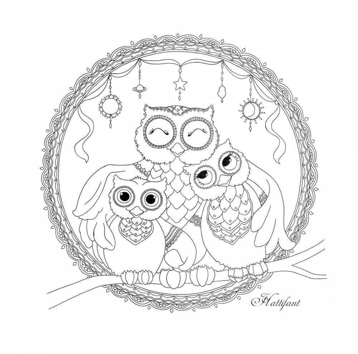 Colouring peaceful anti-stress owls