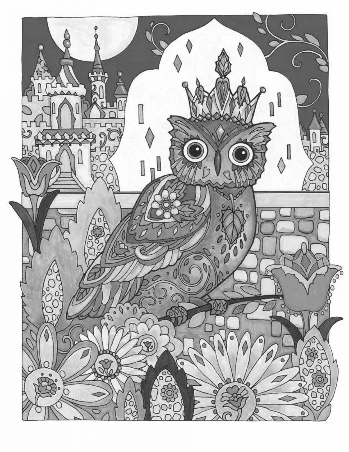 Coloring page beckoning anti-stress owls