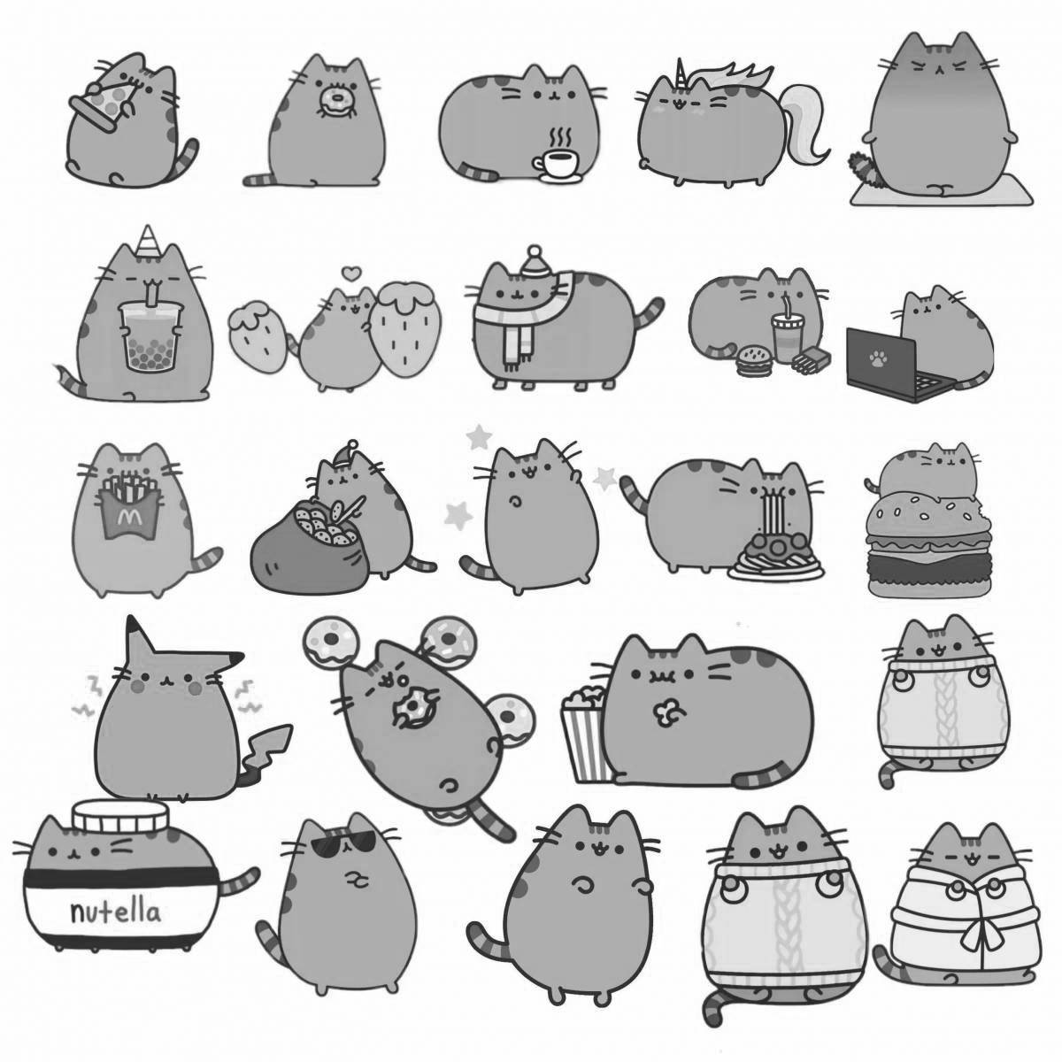 Игривая страница раскраски стикеров pusheen