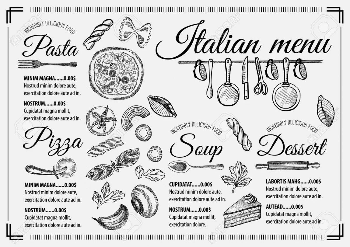 Delicious restaurant menu coloring page