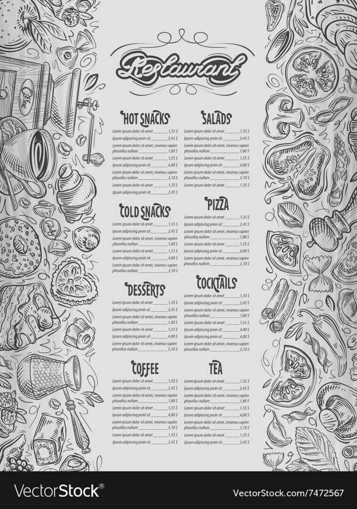 Humorous restaurant menu coloring page