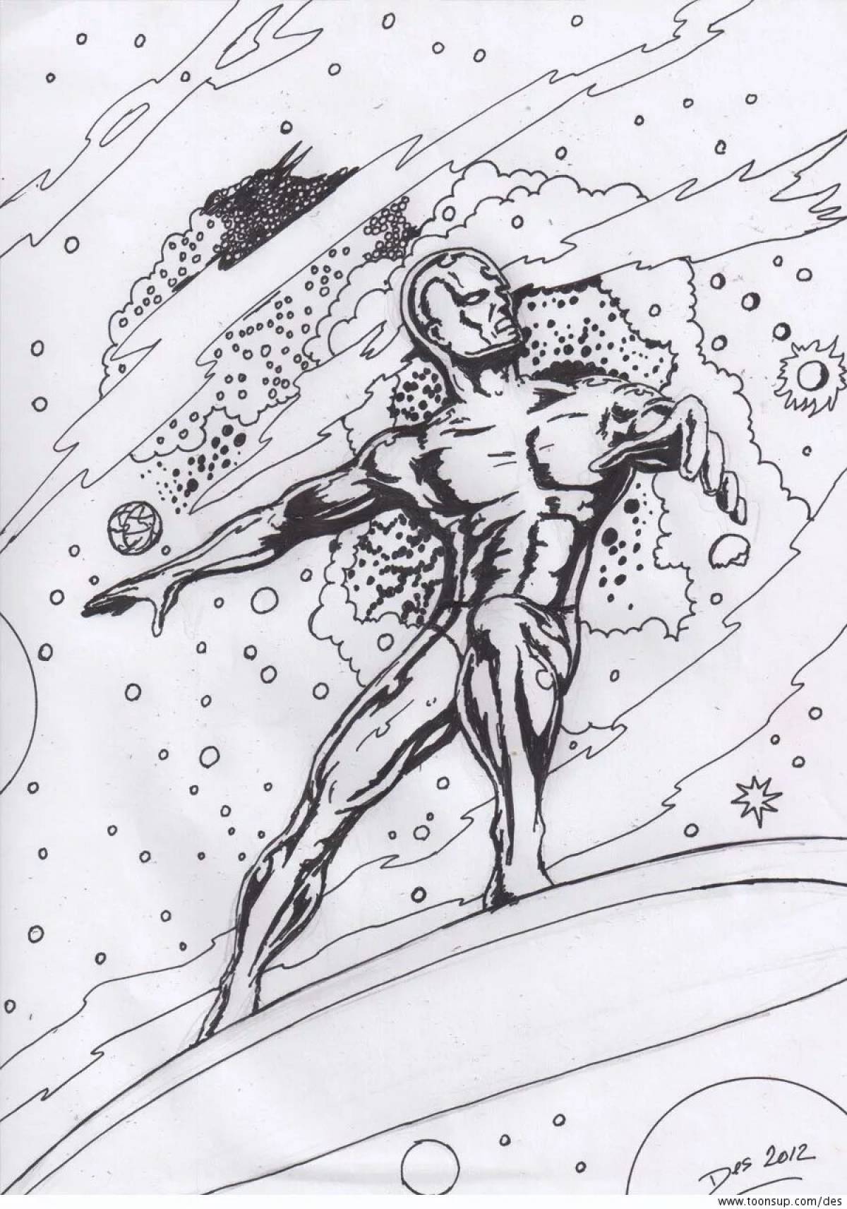 Colorfully illustrated silver surfer coloring page