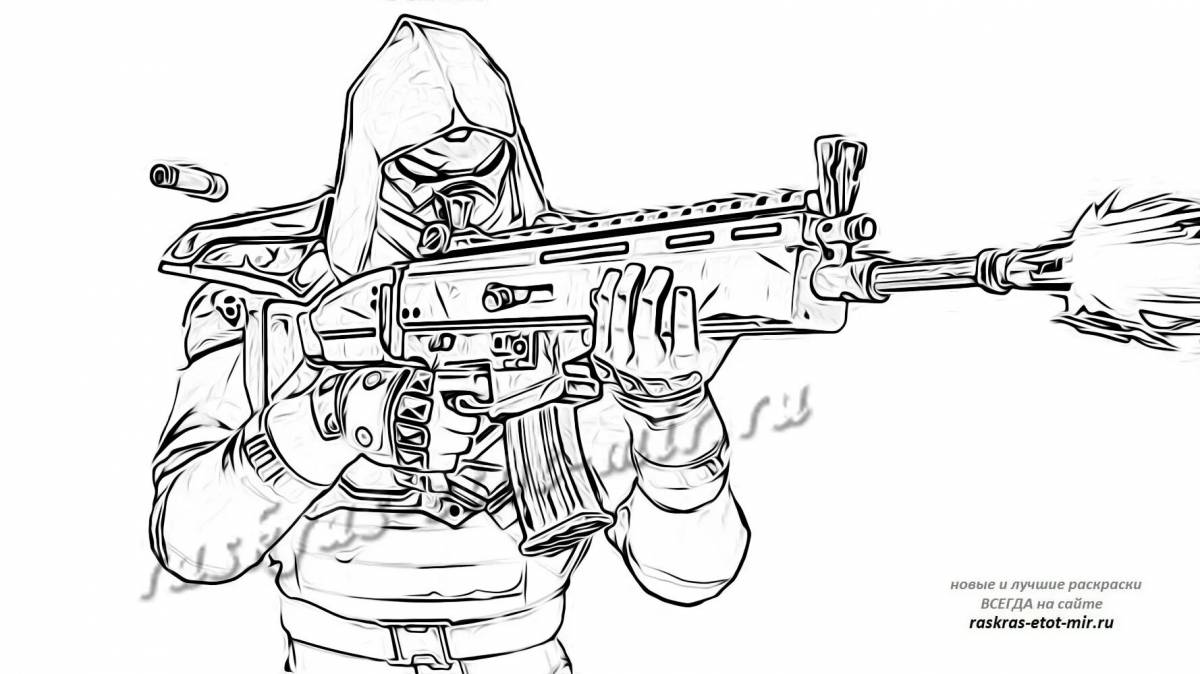 Coloring page joyful confrontation with weapons