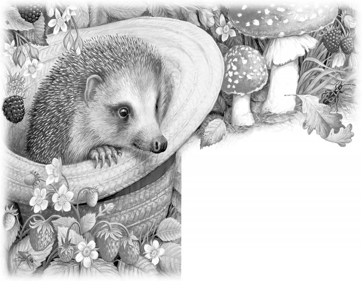 Coloring book charming Prishvin hedgehog