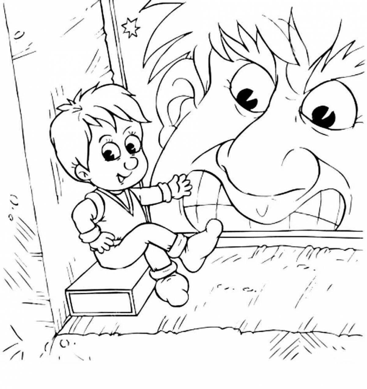 Coloring page of a cheerful little boy