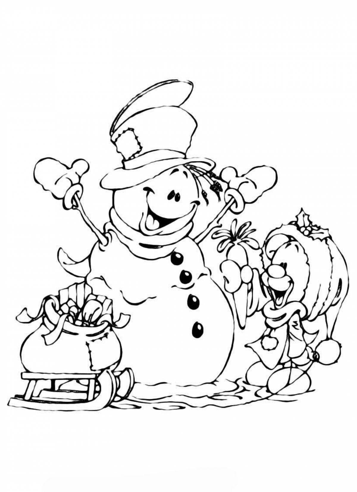 Coloring card with a playful snowman