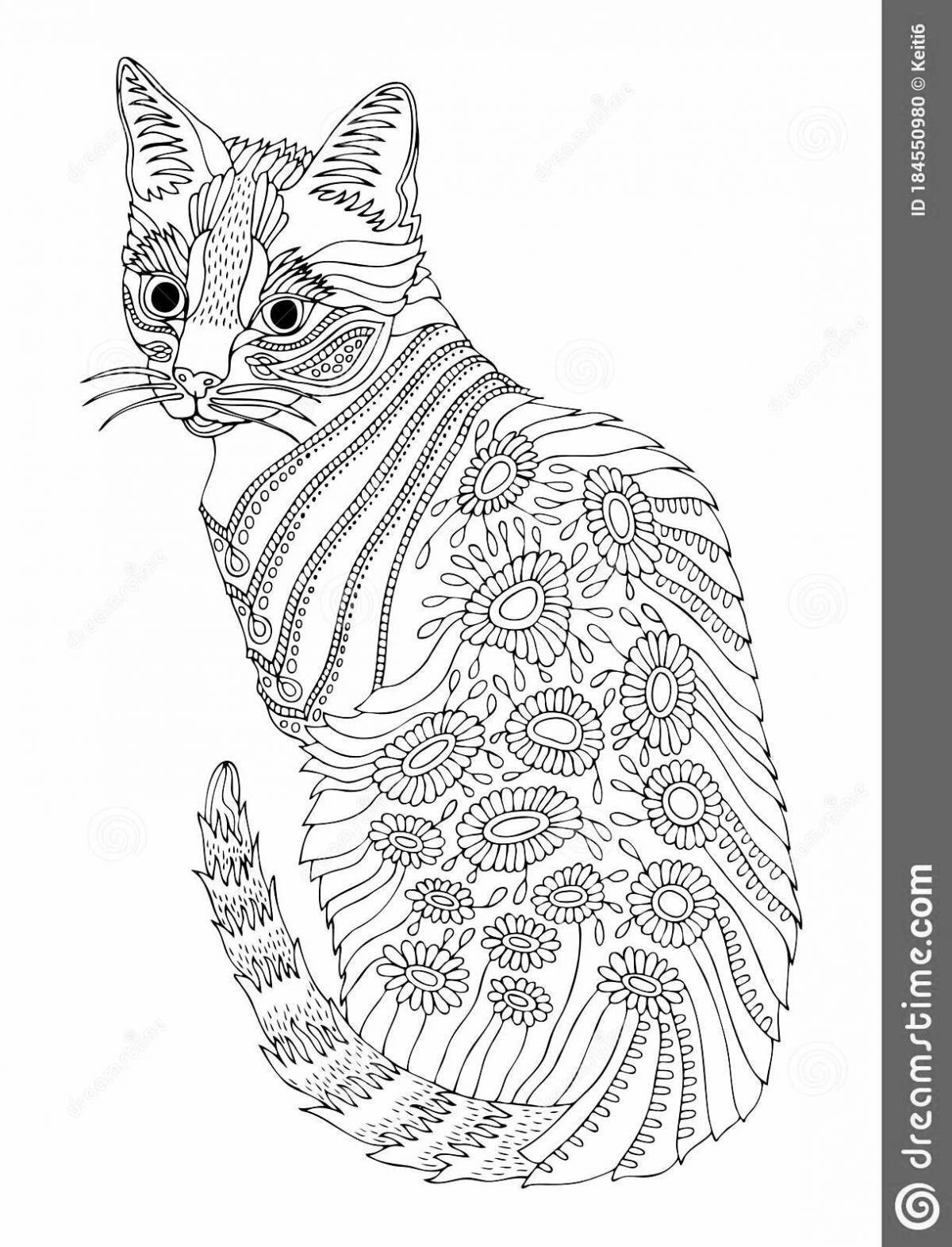 Раскраска мандала с лучезарной кошкой