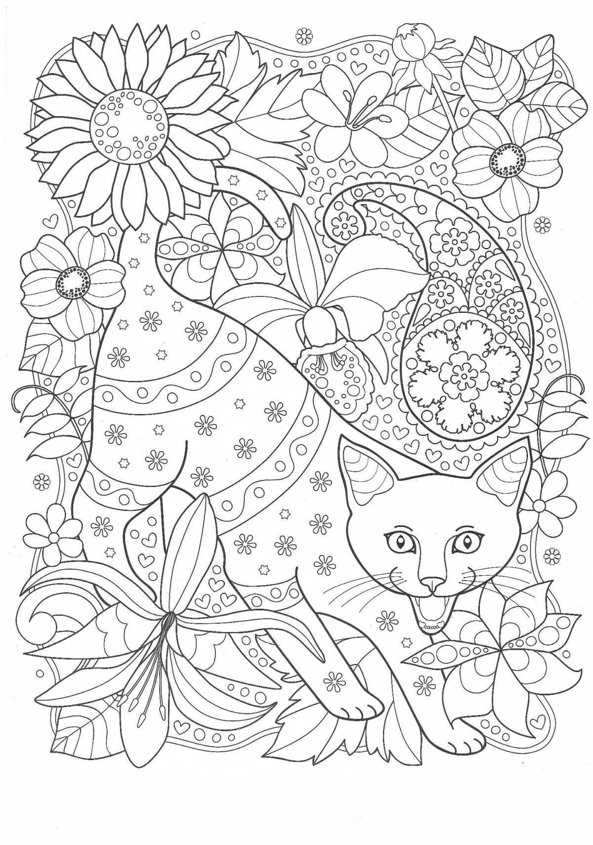Coloring book mandala with a bewitching cat
