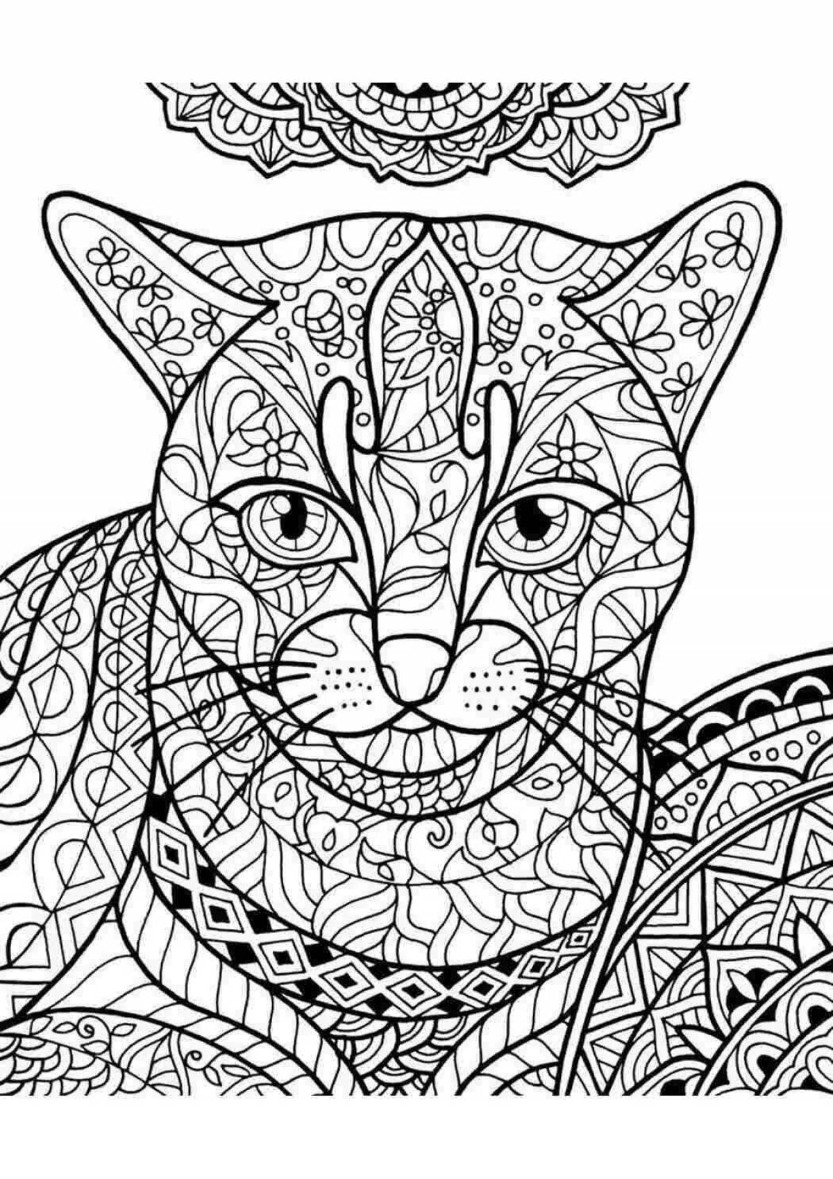 Coloring book playful cat mandala