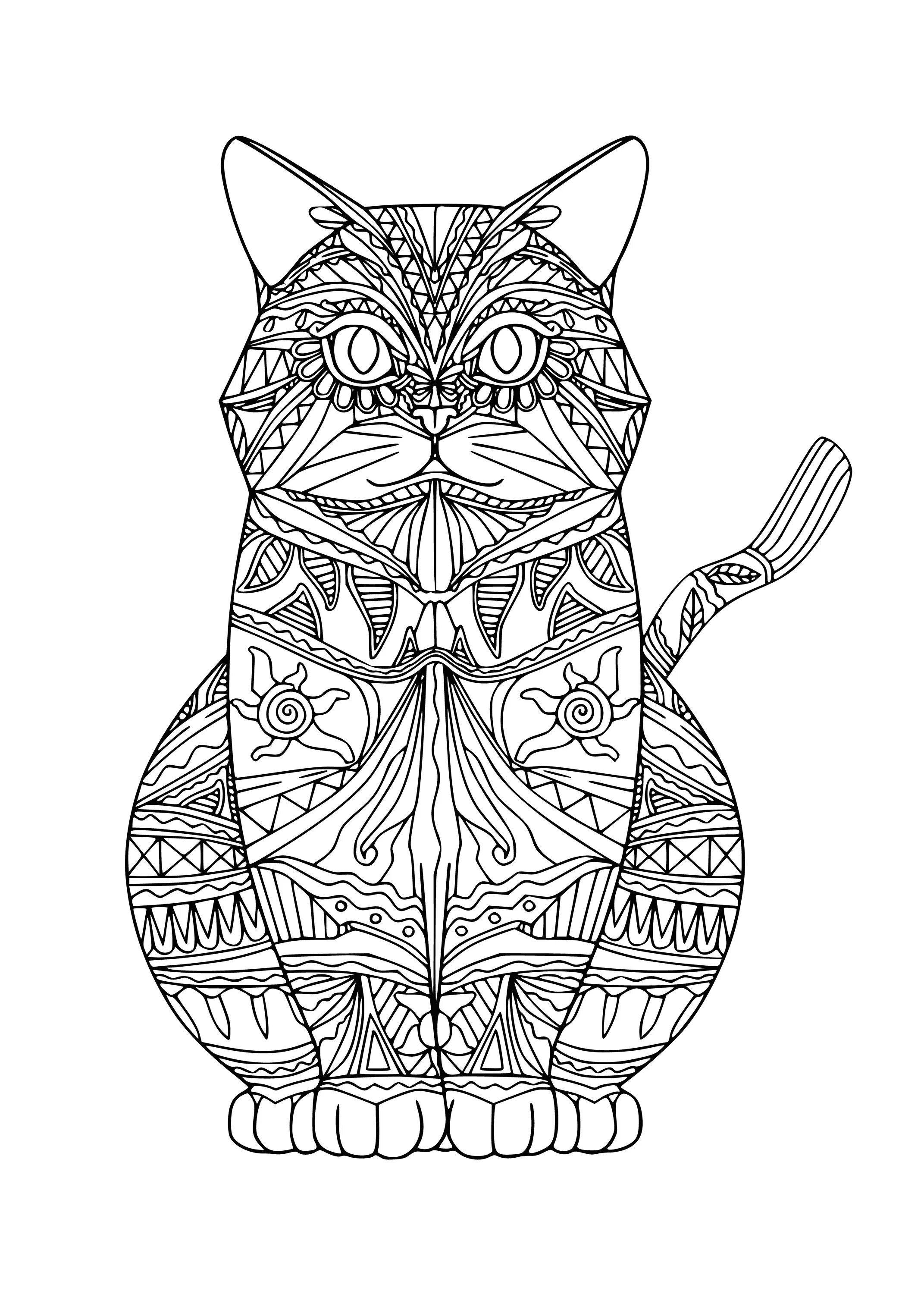 Coloring mandala of a bold cat