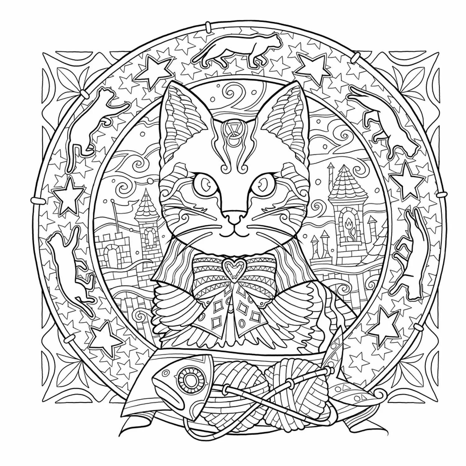Уникальная страница раскраски мандалы кошки