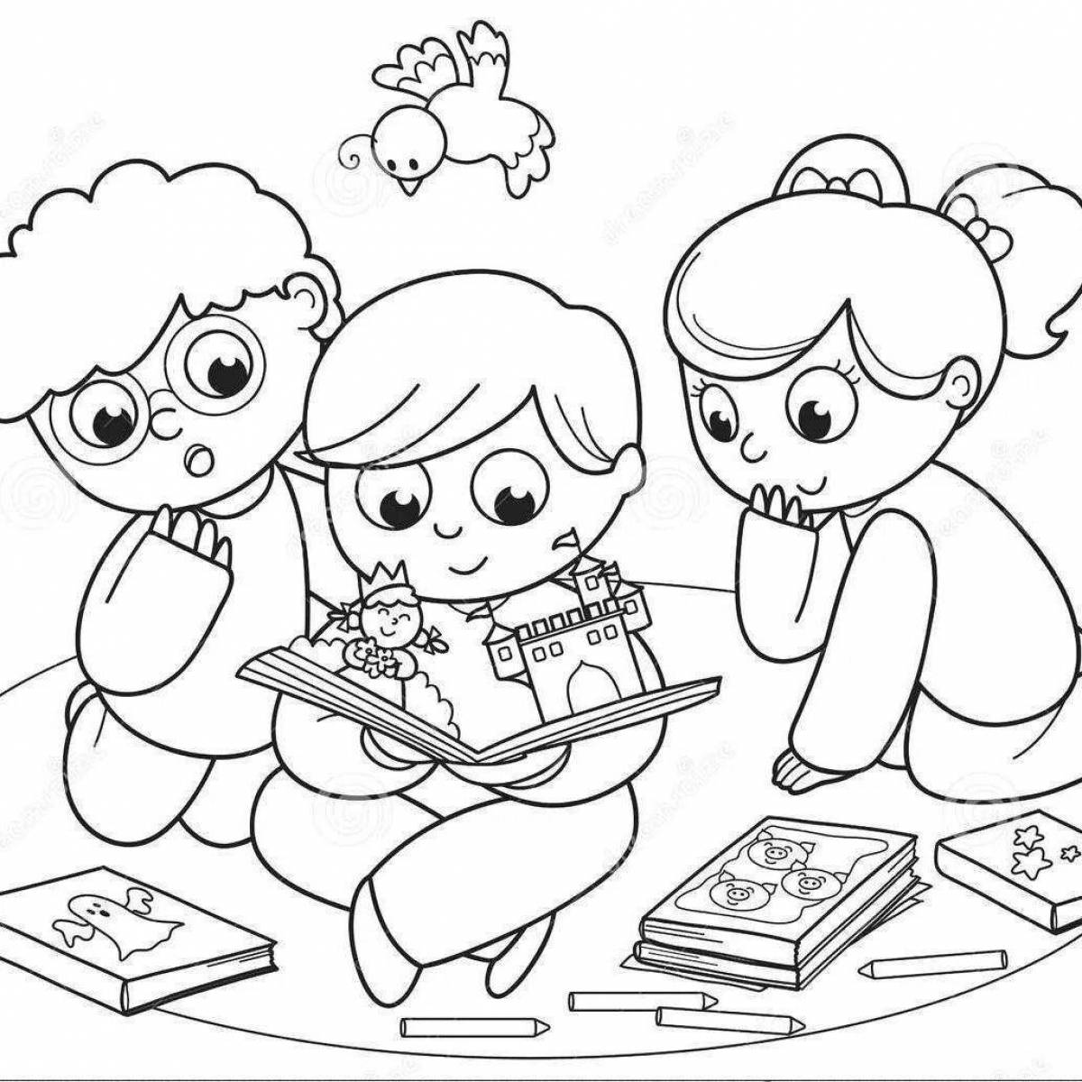Children read coloring pages