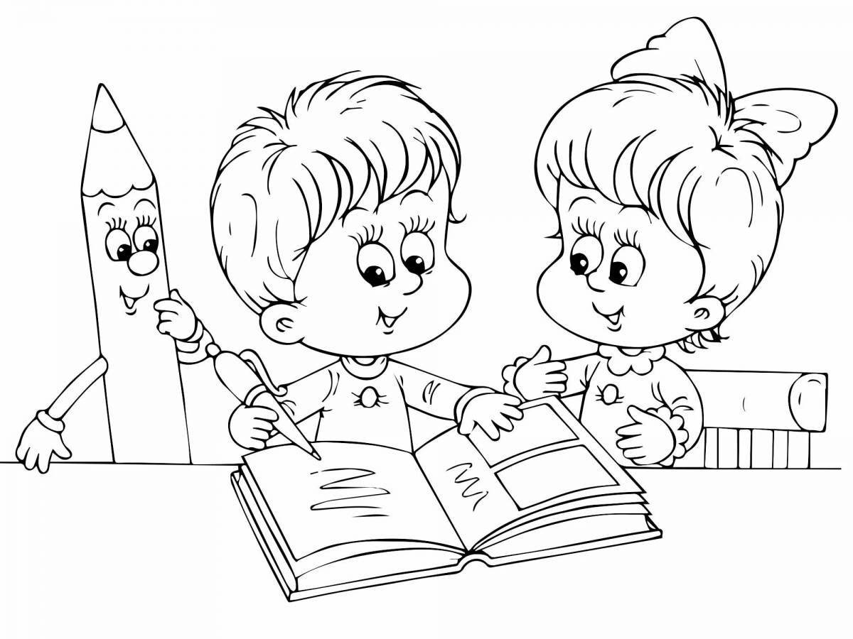 Color-laden children reading coloring pages