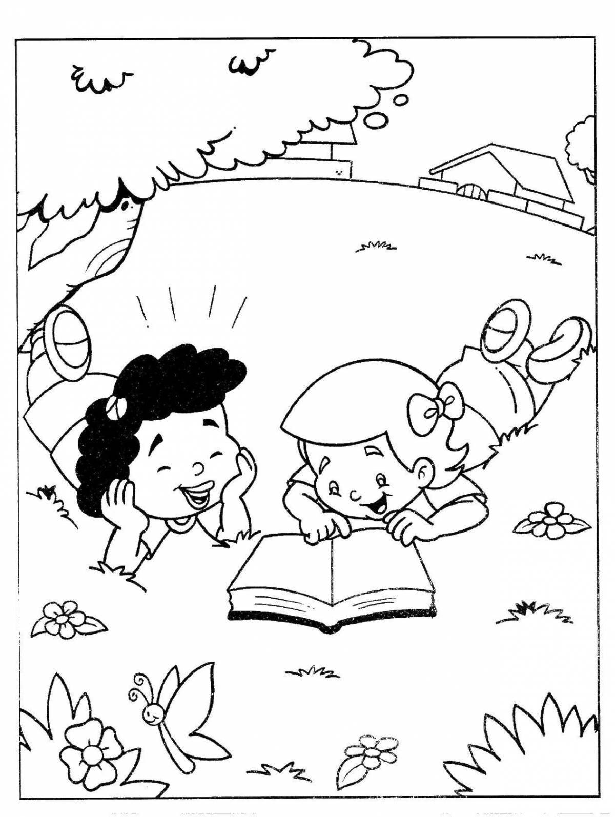 Color-filled children reading coloring pages