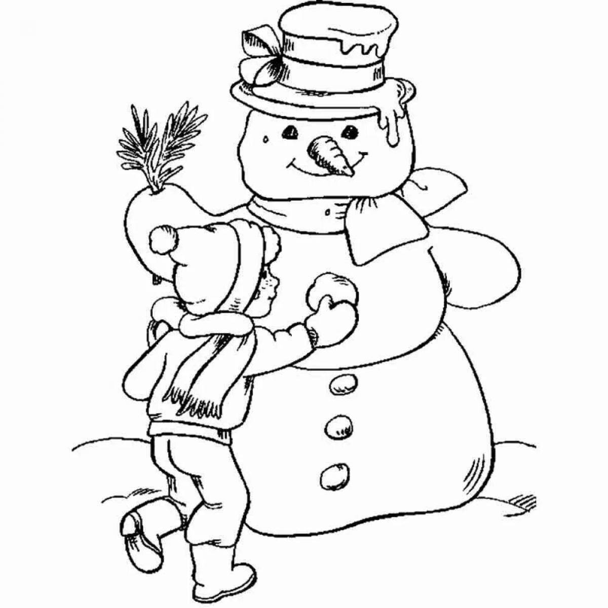 Coloring book of joyful snowman girl