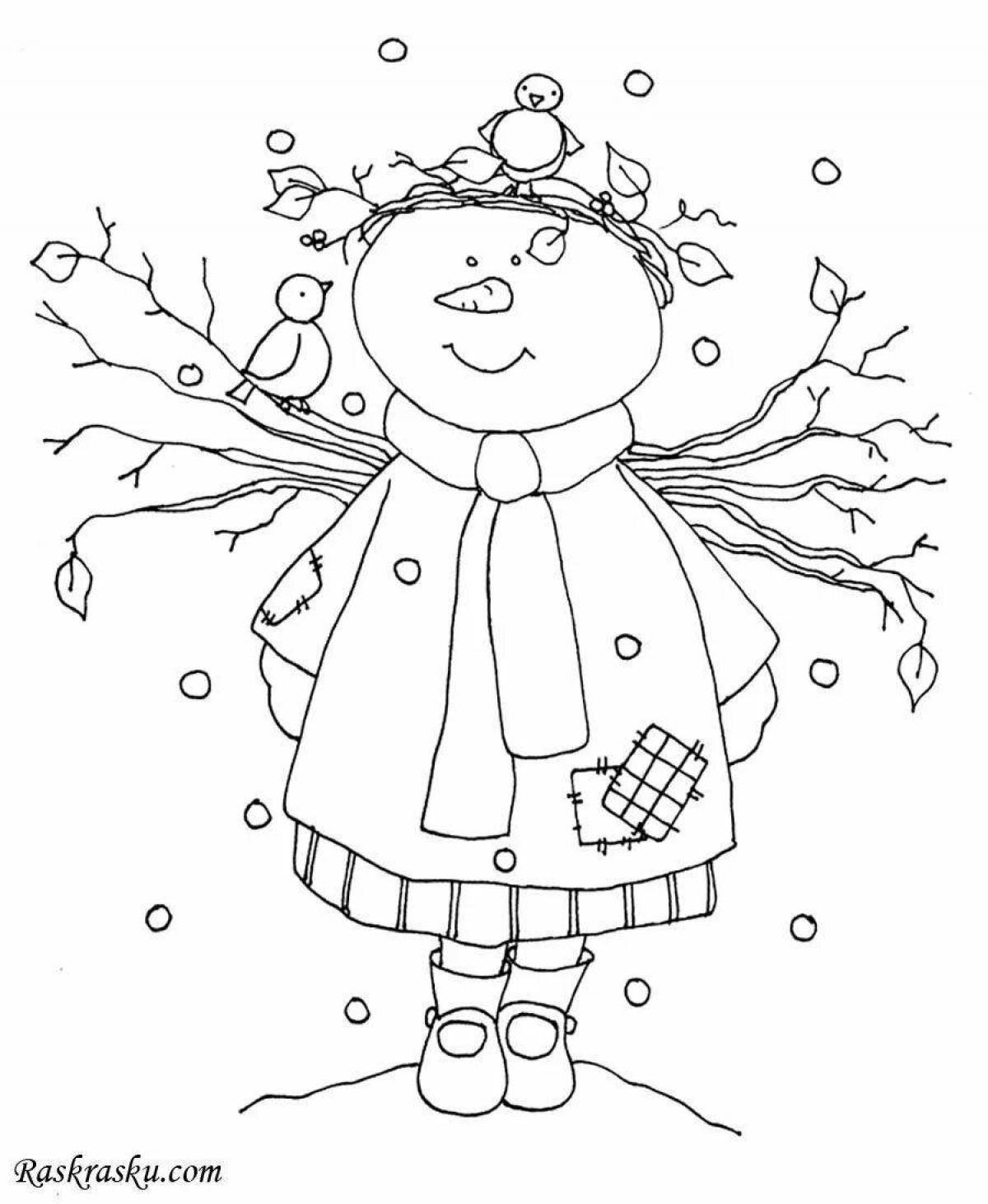 Очаровательная девочка-снеговик-раскраска