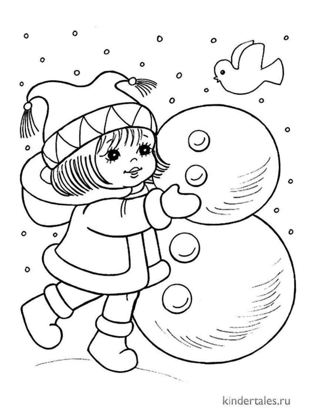 Coloring page bright snowman girl