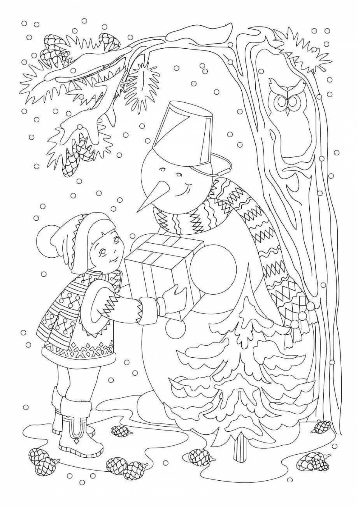 Раскраска буйная снеговик-девочка